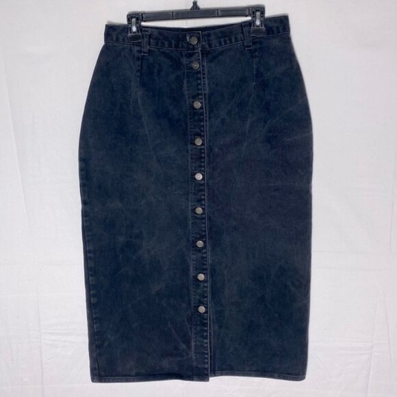 Vintage Leigh Morgan Washed Black Denim Button Front Midi Pencil Skirt L - Picture 1 of 13